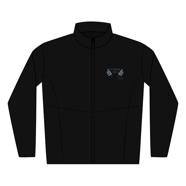 Black zip-front jacket with a small embroidered laurel wreath emblem on the left chest area.