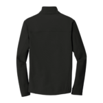 Back view of a black lightweight jacket with a stand collar and a subtle back seam across the shoulders, long sleeves visible