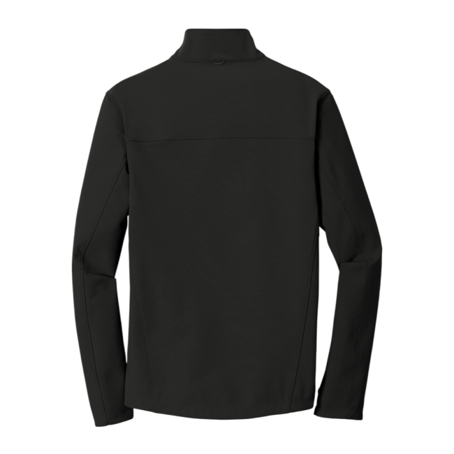Back view of a black lightweight jacket with a stand collar and a subtle back seam across the shoulders, long sleeves visible