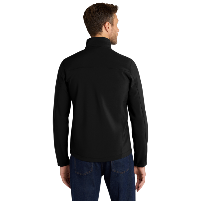 Back view of a man wearing a black jacket with a stand-up collar, paired with blue jeans.