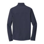 Back view of a navy blue long-sleeve jacket with a high collar and a horizontal back seam.