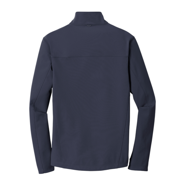Back view of a navy blue long-sleeve jacket with a high collar and a horizontal back seam.