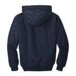 Back view of a navy blue hooded jacket with ribbed cuffs and waistband