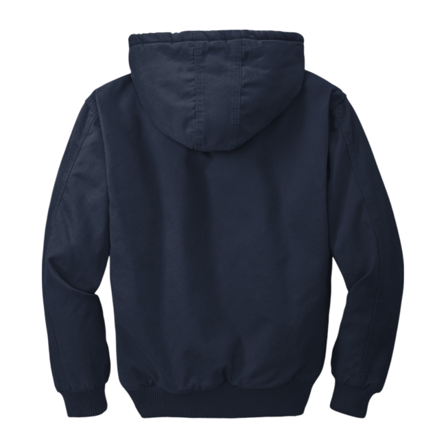 Back view of a navy blue hooded jacket with ribbed cuffs and waistband