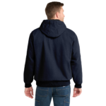 Back view of a man wearing a navy hooded jacket and blue jeans, facing away.