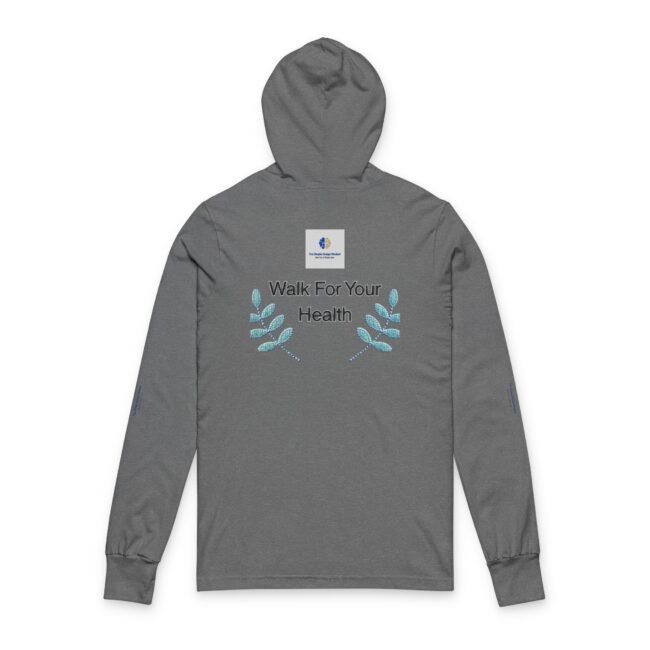 Grey hoodie featuring a center-front design: 'Walk For Your Health' flanked by teal leafy branches and a small square logo above.