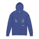 Blue hoodie with the slogan 'Walk For Your Health' and teal laurel embroidery in the center.