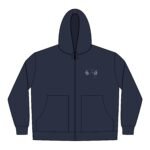 Navy zip-up hoodie with front pockets and a drawstring hood, featuring a small embroidered logo on the left chest with a laurel wreath.