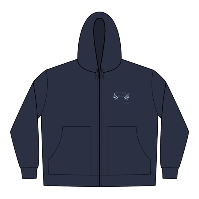 Navy zip-up hoodie with front pockets and a drawstring hood, featuring a small embroidered logo on the left chest with a laurel wreath.