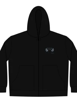 4990220034321760414_2048jpeg Black zip-up hoodie with a small embroidered laurel emblem on the left chest area and front pockets.