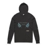 Black hoodie featuring a 'Walk For Your Health' graphic with blue leafy embroidery on the chest and small patches on the sleeves.