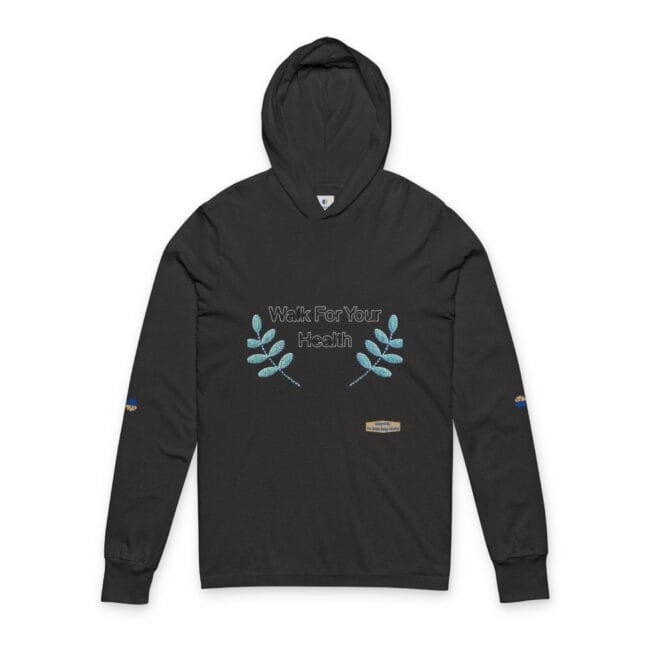 Black hoodie featuring a 'Walk For Your Health' graphic with blue leafy embroidery on the chest and small patches on the sleeves.