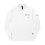 White quarter-zip pullover with small chest logo reading 'Walk For Your Health' and decorative laurel on chest; subtle patches on sleeves.