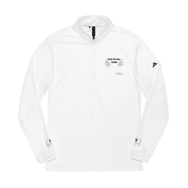 White quarter-zip pullover with small chest logo reading 'Walk For Your Health' and decorative laurel on chest; subtle patches on sleeves.