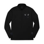 Black long-sleeve half-zip pullover with small embroidered laurel design on the left chest and blue patches on cuffs, on a plain white background.