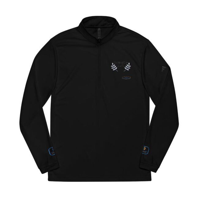 Black long-sleeve half-zip pullover with small embroidered laurel design on the left chest and blue patches on cuffs, on a plain white background.