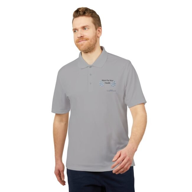 Man wearing a light gray polo shirt with an embroidered 'Walk For Your Health' logo on the left chest.