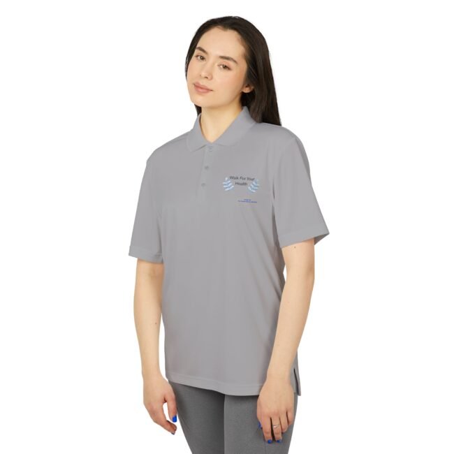 Woman in a light gray polo shirt with a blue laurel logo and 'Walk For Your Health' text on the chest.