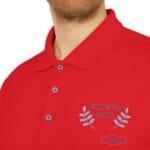 Red polo shirt with embroidered 'Walk For Your Health' and laurel branches on the left chest.