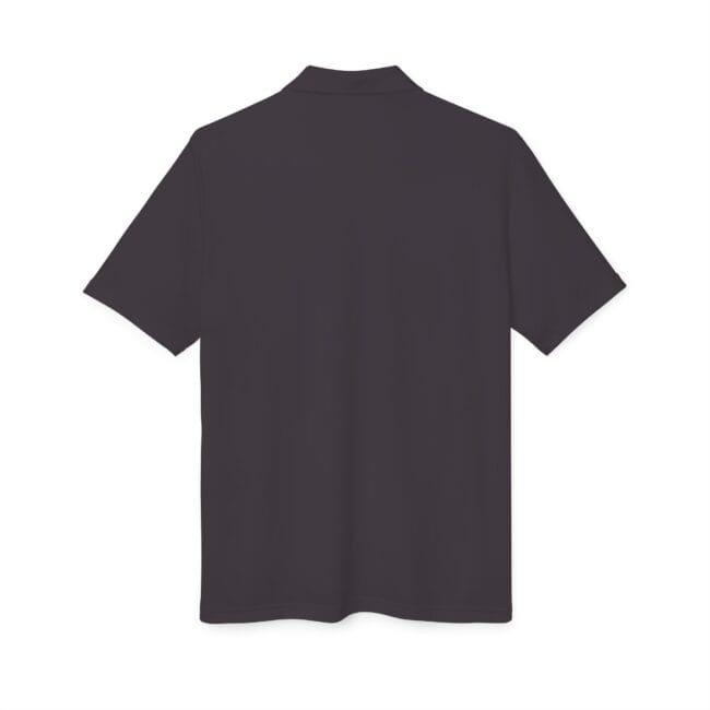 Back view of a plain dark charcoal short-sleeve polo shirt.