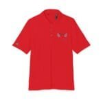 Red polo shirt with a three‑button placket, featuring a left‑chest embroidery (reads 'Walk For Your Health') with laurel leaves and a small emblem on the left sleeve.