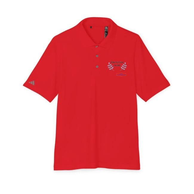 Red polo shirt with a three‑button placket, featuring a left‑chest embroidery (reads 'Walk For Your Health') with laurel leaves and a small emblem on the left sleeve.
