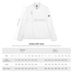 Diagram of an Adidas A401 jacket with measurement lines for chest circumference, length and sleeve length, plus a size table in imperial and metric.