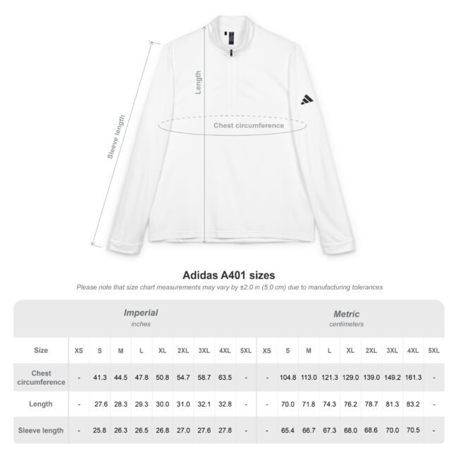 Diagram of an Adidas A401 jacket with measurement lines for chest circumference, length and sleeve length, plus a size table in imperial and metric.