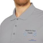 Gray polo shirt with embroidered 'Walk For Your Health' logo and blue laurel accents.