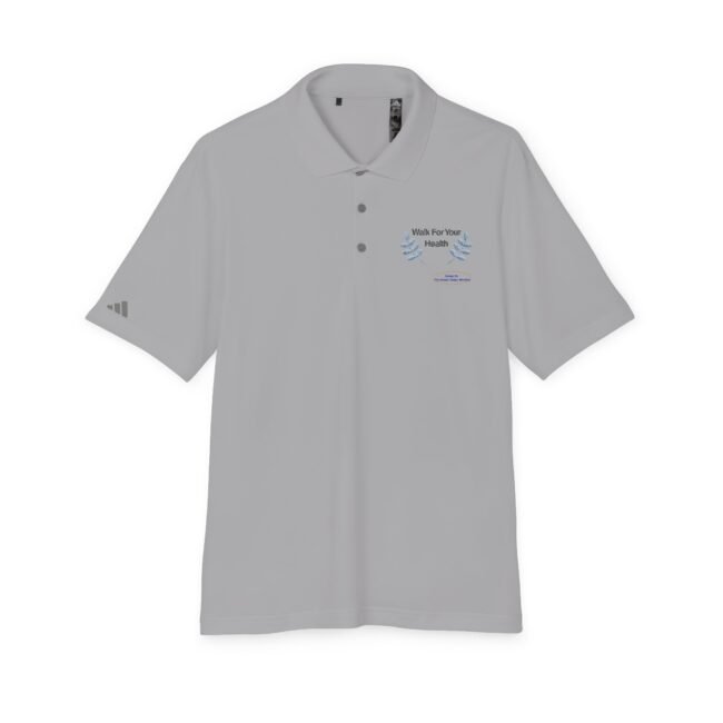 Light gray polo shirt with embroidered 'Walk For Your Health' logo on left chest and a small logo on the left sleeve; collared polo, short sleeves.