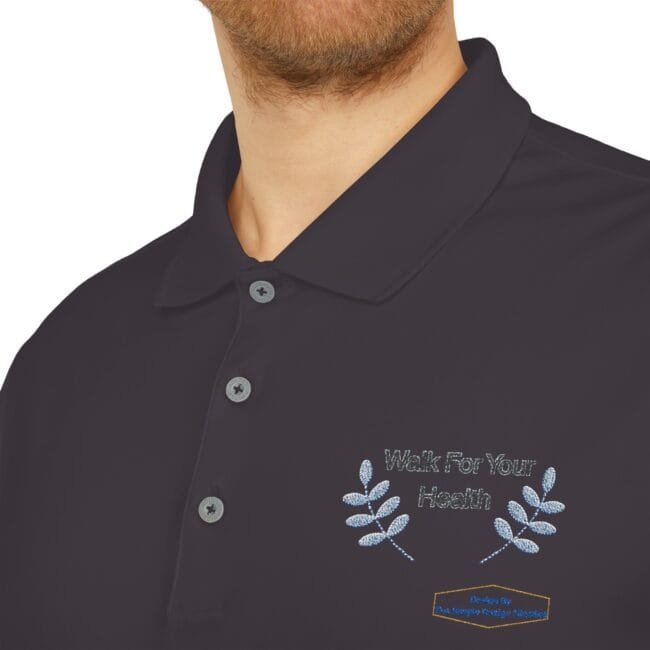 Navy polo shirt with an embroidered 'Walk For Your Health' slogan and blue laurel branches on the left chest.