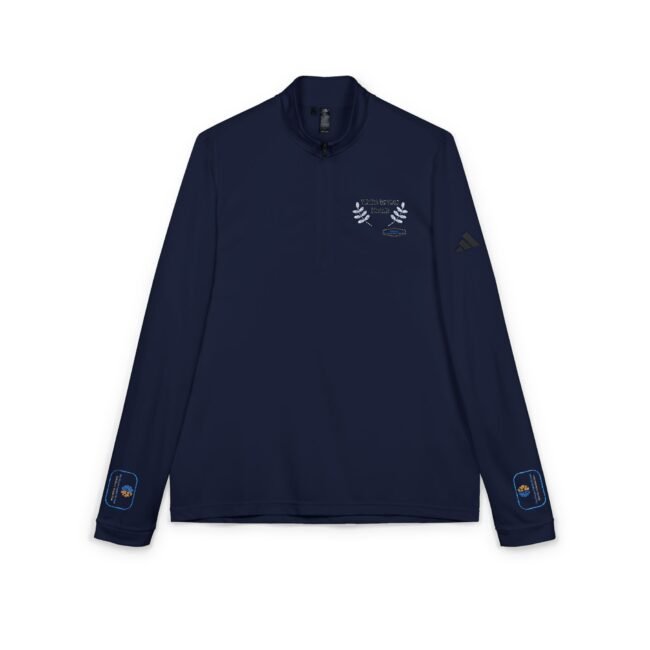 Navy long-sleeve polo with embroidered crest on the left chest and an Adidas logo on the right sleeve.