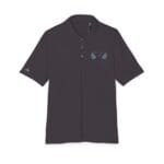Dark polo shirt with light blue laurel embroidery on the left chest and a small logo on the left sleeve.