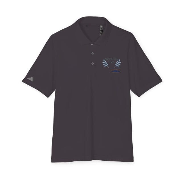 Dark polo shirt with light blue laurel embroidery on the left chest and a small logo on the left sleeve.