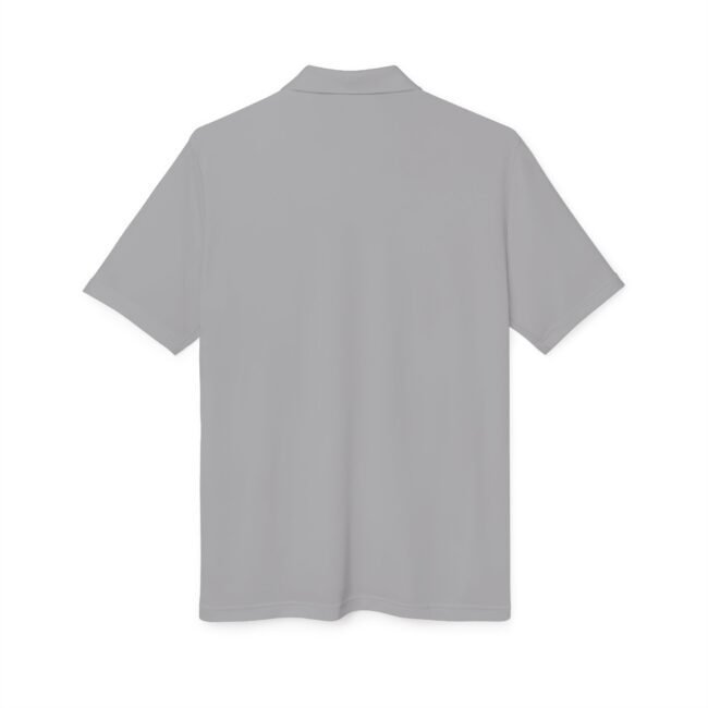 Back view of a light gray short-sleeve polo shirt with a collar.