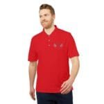 Adult man wearing a red polo shirt with a small embroidered logo on the left chest, standing against a white background.