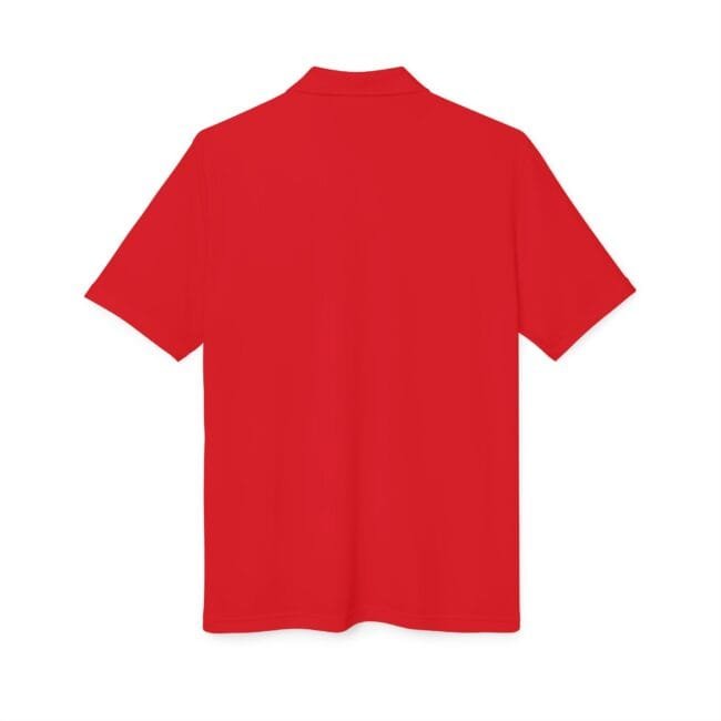 Back view of a red short-sleeve polo shirt with a collar.