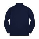 Back view of a navy blue long-sleeve polo shirt with a stand collar.