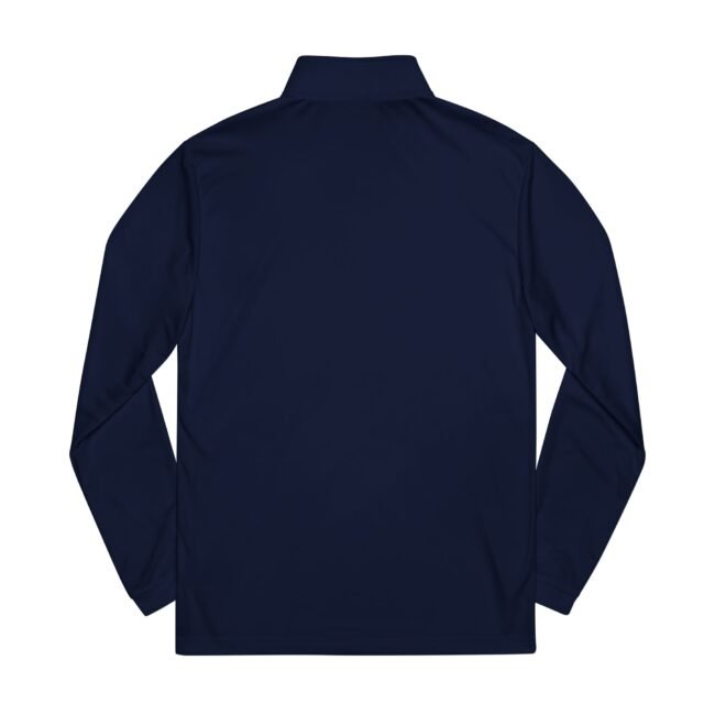 Back view of a navy blue long-sleeve polo shirt with a stand collar.