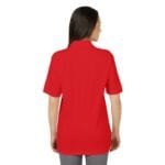Back view of a person wearing a bright red short-sleeve polo shirt, untucked to the hip area, with a visible collar edge.