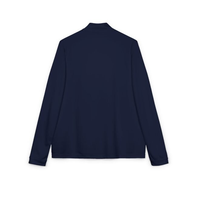 Back view of a navy blue long-sleeve shirt on a white background