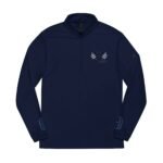 Navy long-sleeve quarter-zip pullover with a small embroidered crest on the left chest and blue cuff details on the sleeves.