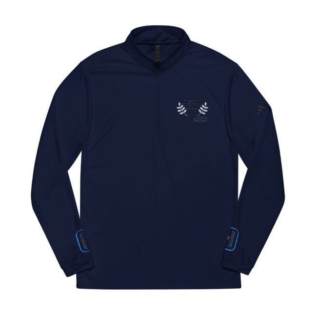 Navy long-sleeve quarter-zip pullover with a small embroidered crest on the left chest and blue cuff details on the sleeves.