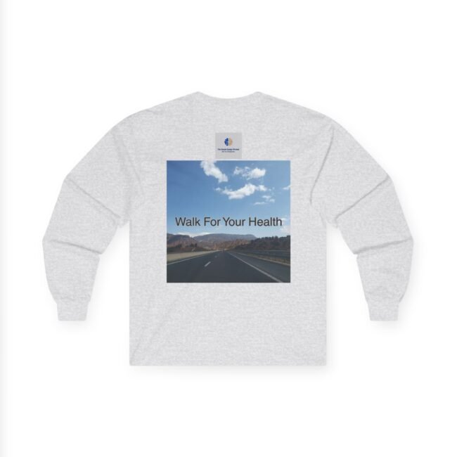 Gray sweater on a mannequin with a small chest logo and a large poster showing a road landscape with the text 'Walk For Your Health'.