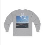 Gray sweatshirt with a small chest logo and a large front graphic showing a blue sky and road, reading 'Walk For Your Health'.