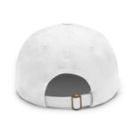 White baseball cap viewed from the front, showing a metal buckle belt at the back strap.