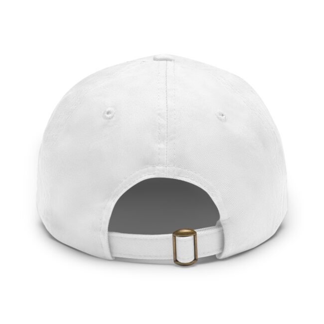 White baseball cap viewed from the front, showing a metal buckle belt at the back strap.