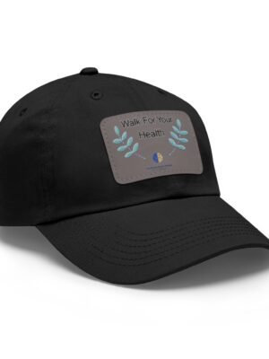109421959979688957_2048jpeg Close-up of a black baseball cap with a gray patch reading 'Walk For Your Health' and teal leaf graphics on the patch.