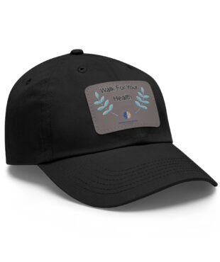 Close-up of a black baseball cap with a gray patch reading 'Walk For Your Health' and teal leaf graphics on the patch.