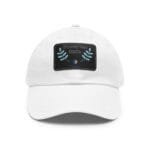 White baseball cap with a black patch reading 'Walk For Your Health' and teal leaf embellishments on the front.